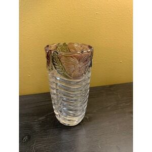 Vintage Crystal Clear Pink Floral Ribbed Vase 24%‎ Crystal Lead Made Germany